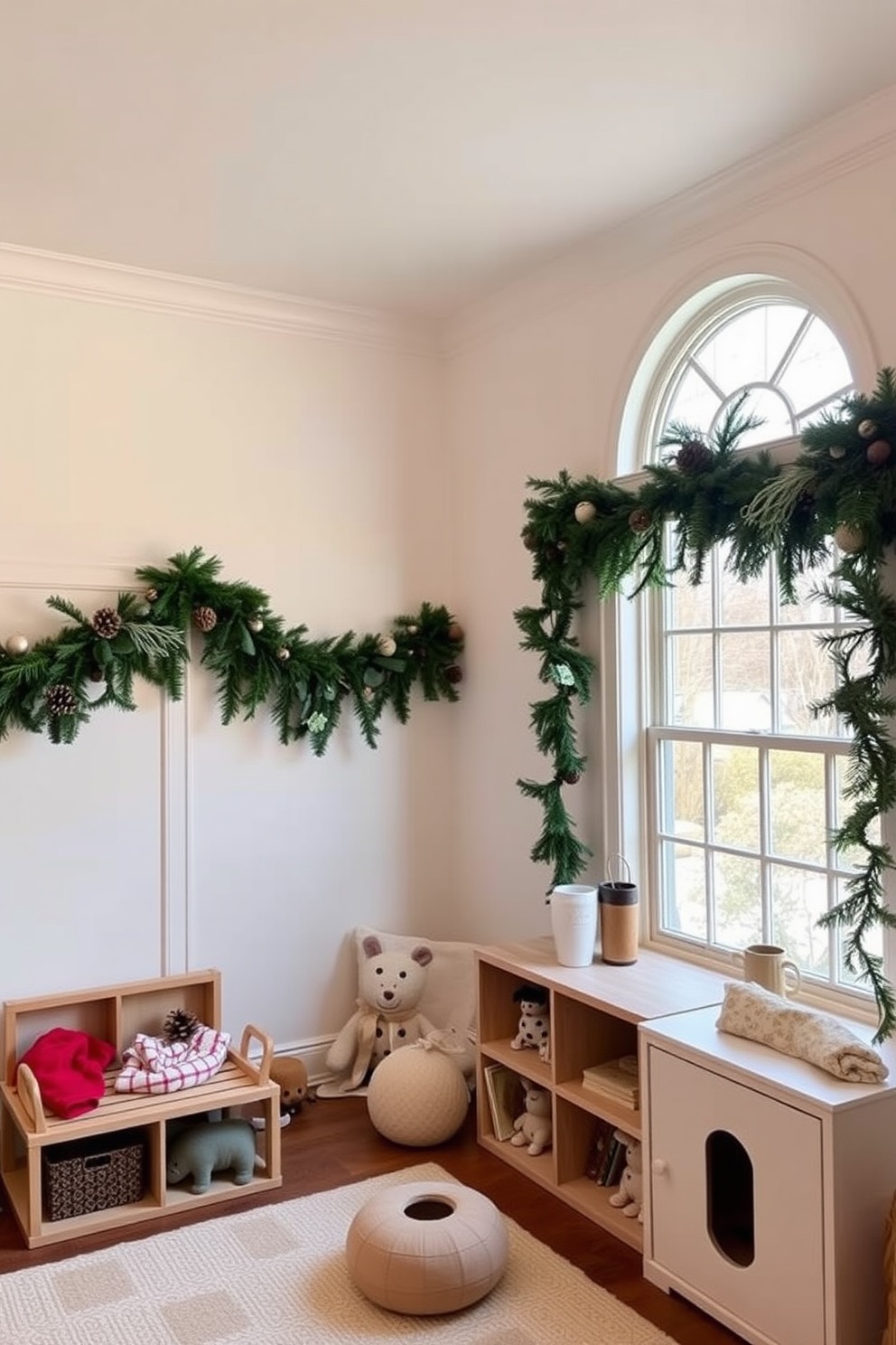 A cozy winter playroom decorated with pinecone and evergreen garlands. The walls are adorned with festive garlands draped along the windows, creating a warm and inviting atmosphere.