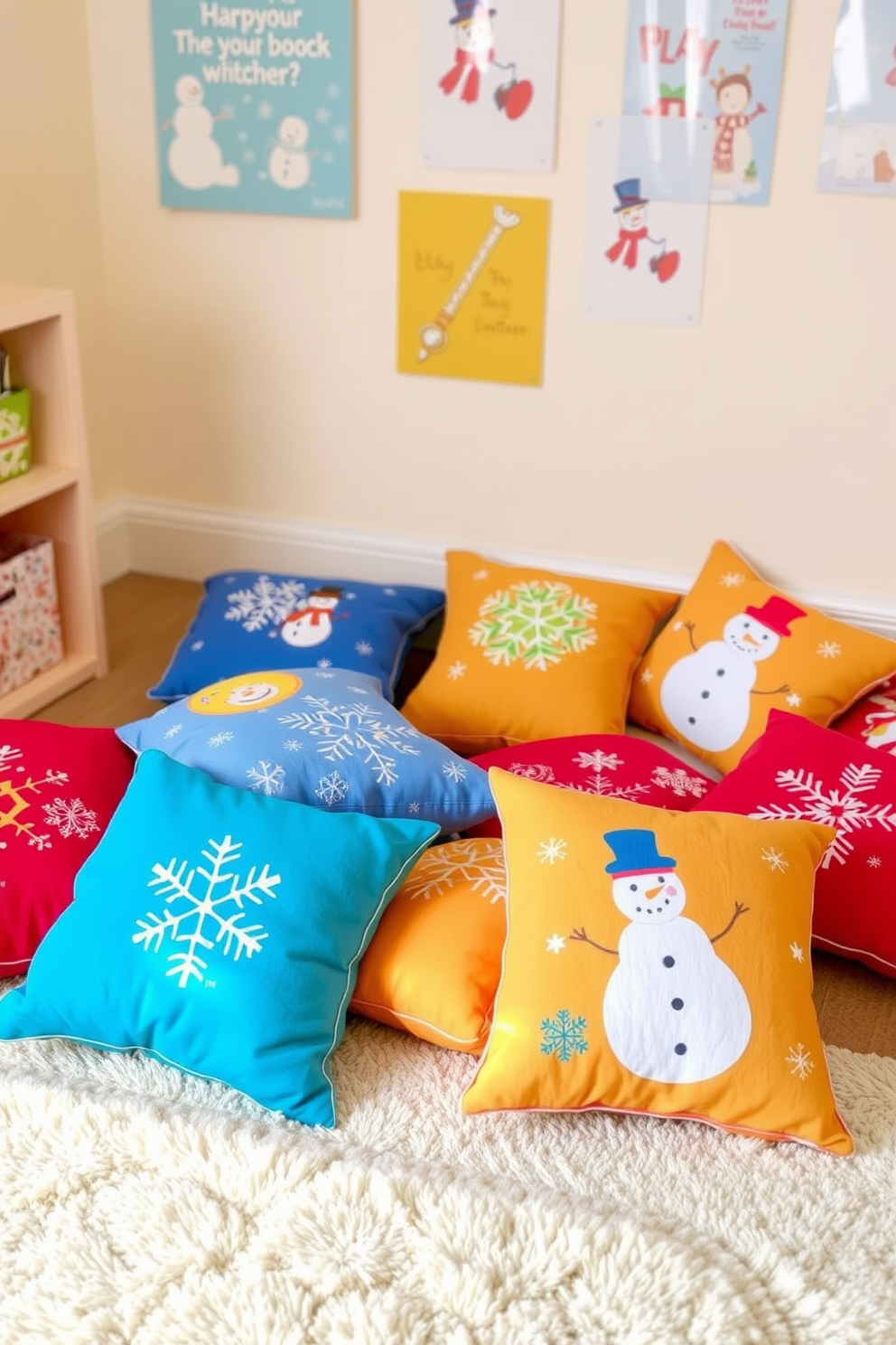 Brightly colored winter-themed cushions are scattered across a cozy playroom floor. The cushions feature playful patterns of snowflakes and snowmen, adding a festive touch to the space. The walls are adorned with cheerful winter-themed artwork, creating a vibrant atmosphere. A soft, plush rug in a light color complements the colorful cushions, inviting children to sit and play.