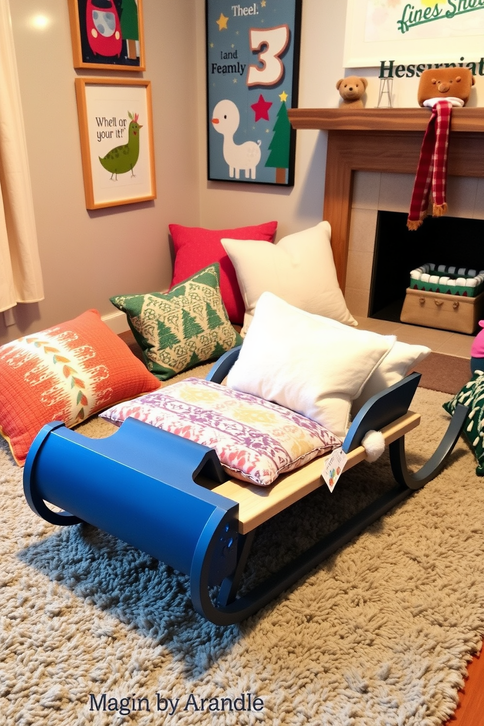 A cozy winter playroom features a mini indoor sled designed for playful seating. The sled is positioned on a soft, textured rug surrounded by colorful cushions and playful wall art.