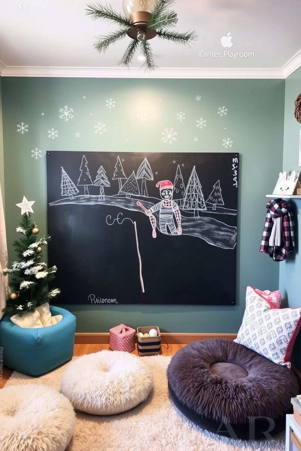 A cozy winter playroom features a large wall-mounted chalkboard adorned with colorful winter drawings. The room is filled with soft, plush seating and playful decor that invites creativity and warmth.