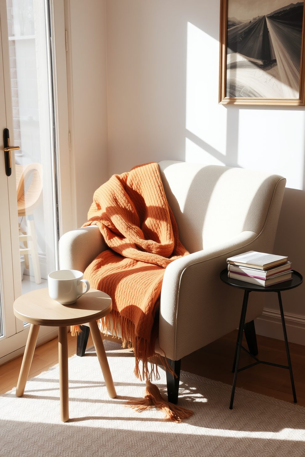 A cozy armchair is positioned in the corner of a sunlit room, draped with a soft throw blanket in warm tones. A small side table next to the chair holds a steaming mug of tea and a stack of well-loved books, creating an inviting reading nook for winter days.