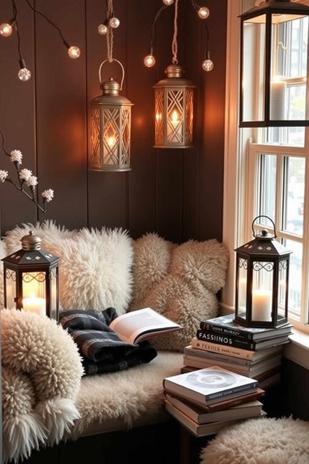 A cozy reading nook adorned with wall art that showcases serene winter landscapes. The space features a plush armchair draped with a soft throw blanket, surrounded by shelves filled with winter-themed books. The walls are painted in a soft white hue, providing a bright backdrop for the art. A small side table holds a steaming mug of tea and a decorative candle, enhancing the inviting atmosphere.