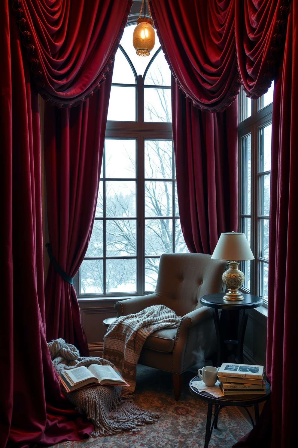 A cozy winter reading nook filled with richly colored curtains that drape elegantly from the ceiling to the floor. The nook features a plush armchair, a soft throw blanket, and a small side table stacked with books and a steaming cup of tea.