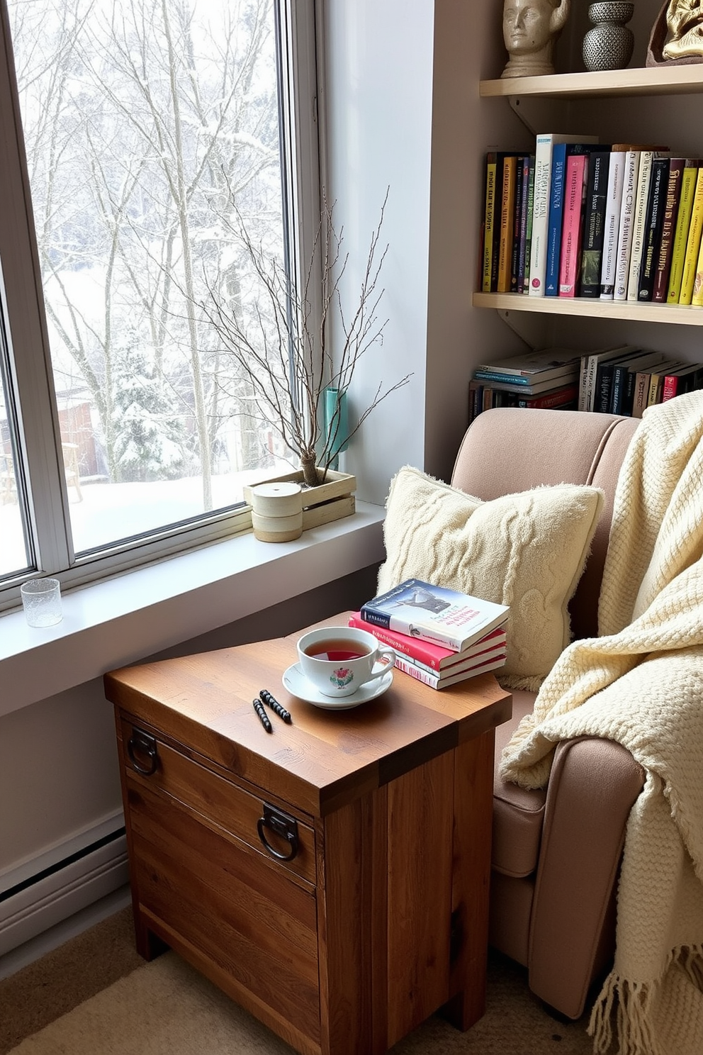 A cozy winter reading nook featuring colorful knitted poufs that provide extra seating. The nook is adorned with a plush throw blanket and a small side table for holding warm beverages and books.