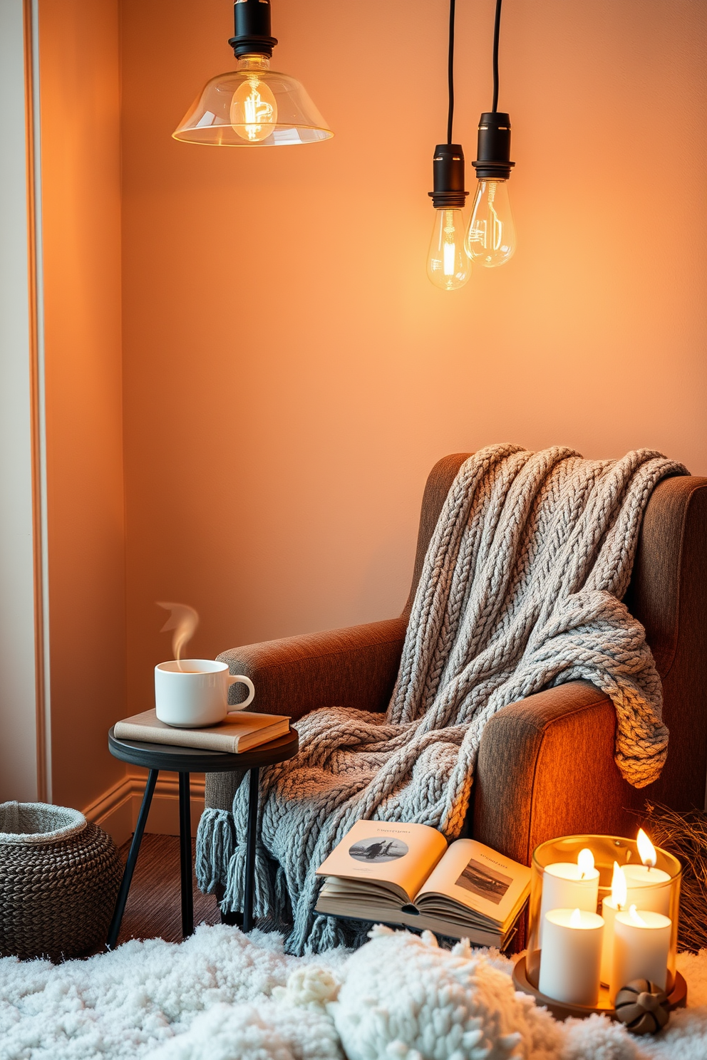 A cozy winter reading nook features a plush armchair draped in a soft knitted throw. A small side table holds a steaming cup of tea and a stack of favorite books. Hanging pendant lights with warm, ambient glow create a stylish illumination above the nook. The lights are designed in a modern aesthetic, complementing the overall cozy atmosphere.