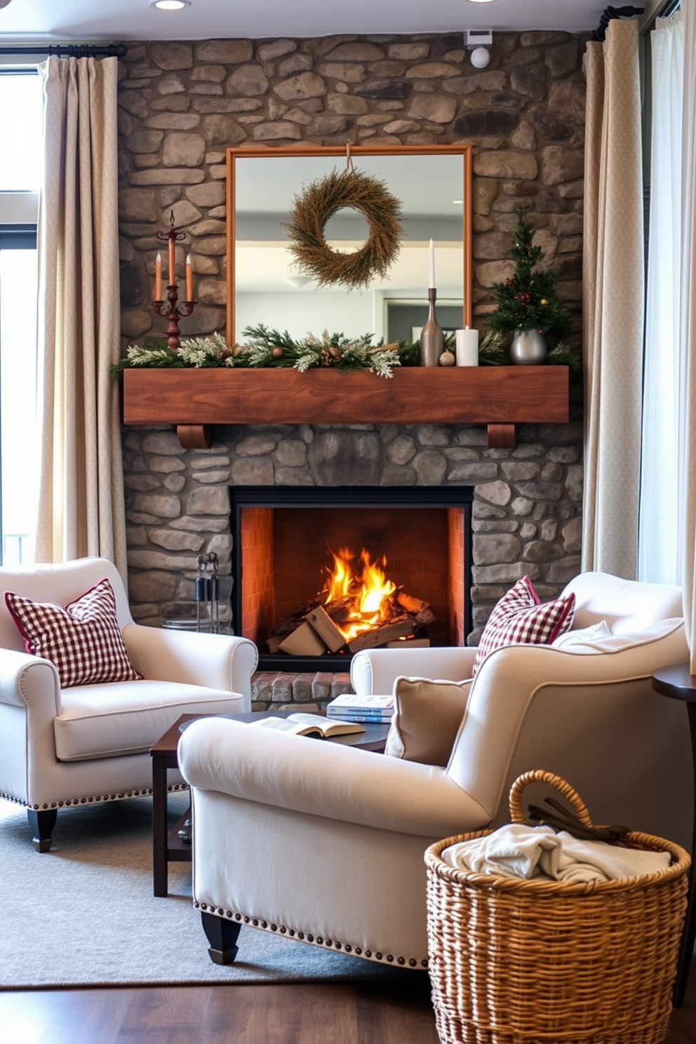 A cozy fireplace creates a warm atmosphere with a stone facade and a rustic wooden mantel adorned with seasonal decorations. Plush armchairs in soft fabrics are arranged around a low coffee table, inviting you to relax with a good book. The winter reading nook features a large window with sheer curtains allowing natural light to fill the space. A woven basket filled with blankets sits beside the armchairs, enhancing the inviting and comfortable feel of the nook.