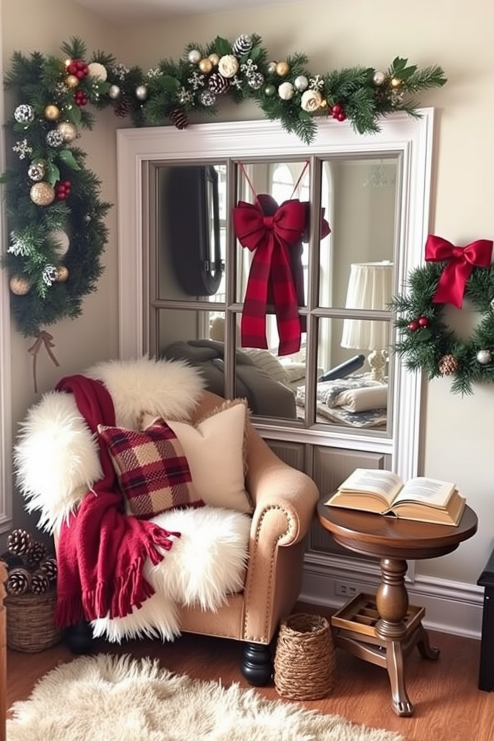 A cozy winter reading nook is adorned with seasonal decor featuring pinecones and holly. A plush armchair is positioned next to a small side table, creating an inviting space for curling up with a good book.