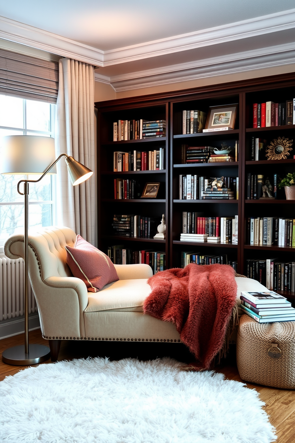 A cozy winter reading nook featuring a small side table for snacks and drinks. The side table is made of reclaimed wood with a rustic finish, topped with a soft knitted blanket and a steaming cup of tea. Surrounding the nook are plush armchairs upholstered in warm, inviting fabrics. Soft fairy lights drape above, creating a warm ambiance perfect for curling up with a good book.