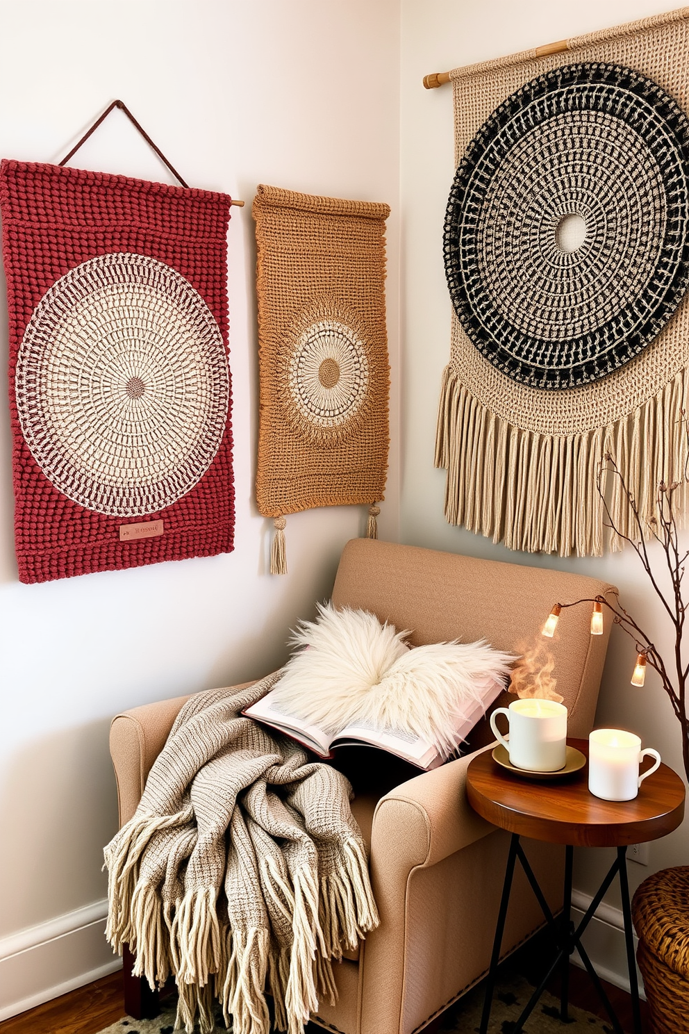 A cozy winter reading nook featuring textured wall hangings that add visual interest. The space includes a plush armchair, a soft throw blanket draped over the side, and a small side table with a steaming cup of tea.