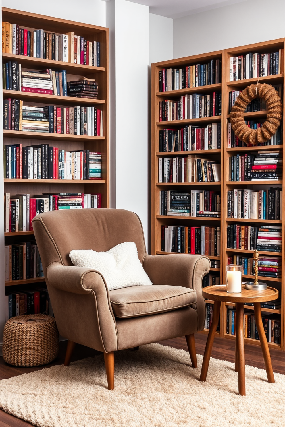 A cozy winter reading nook featuring a plush armchair upholstered in soft fabric positioned beside a tall bookshelf filled with an array of books. A warm wool rug underfoot adds comfort, while a small side table holds a steaming cup of tea and a flickering candle for ambiance.