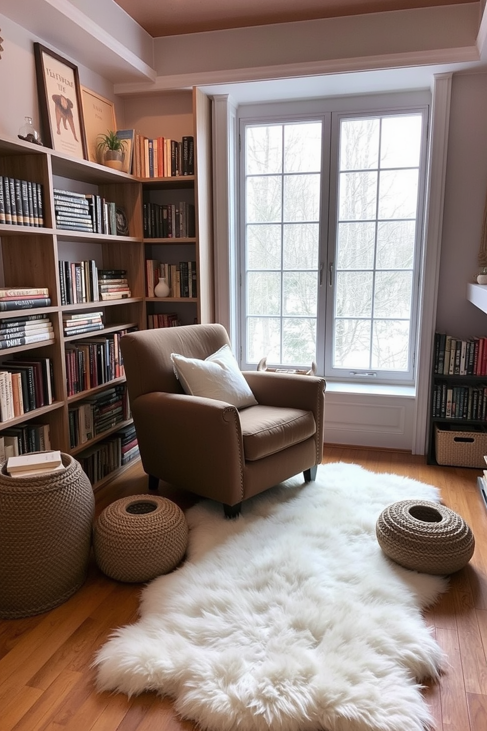 A cozy winter reading nook features a soft sheepskin rug that adds warmth and comfort to the space. A plush armchair is positioned near a large window, surrounded by shelves filled with books and soft lighting for an inviting atmosphere.