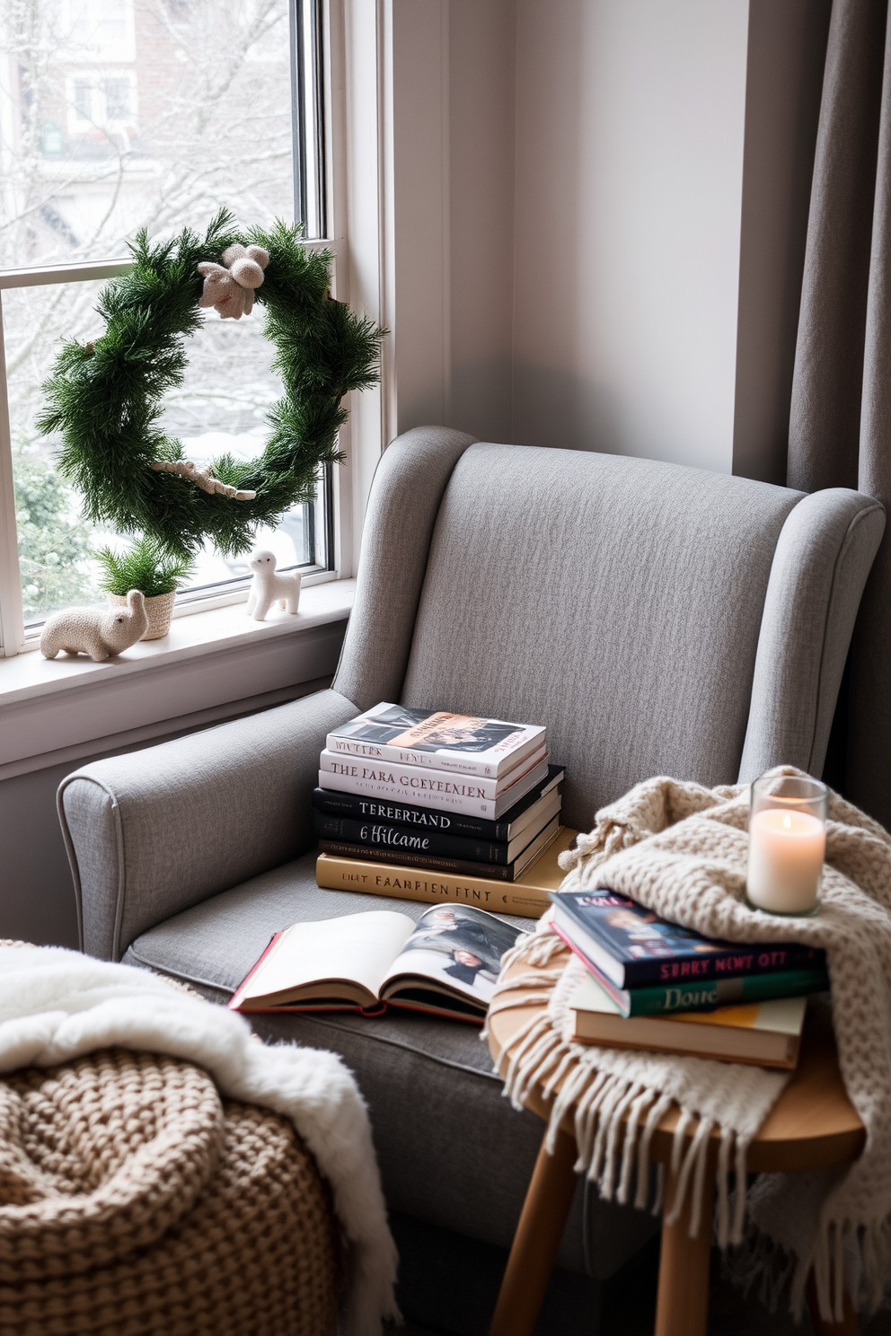 A cozy winter reading nook is adorned with soft blankets and plush cushions in shades of deep blue and white. A small side table holds a steaming cup of cocoa and a stack of winter-themed books, while snowflakes hang delicately from the window frame. The walls are painted a warm cream color, creating a welcoming atmosphere. A festive garland of stars and pine branches drapes across the bookshelf, adding a touch of seasonal charm.