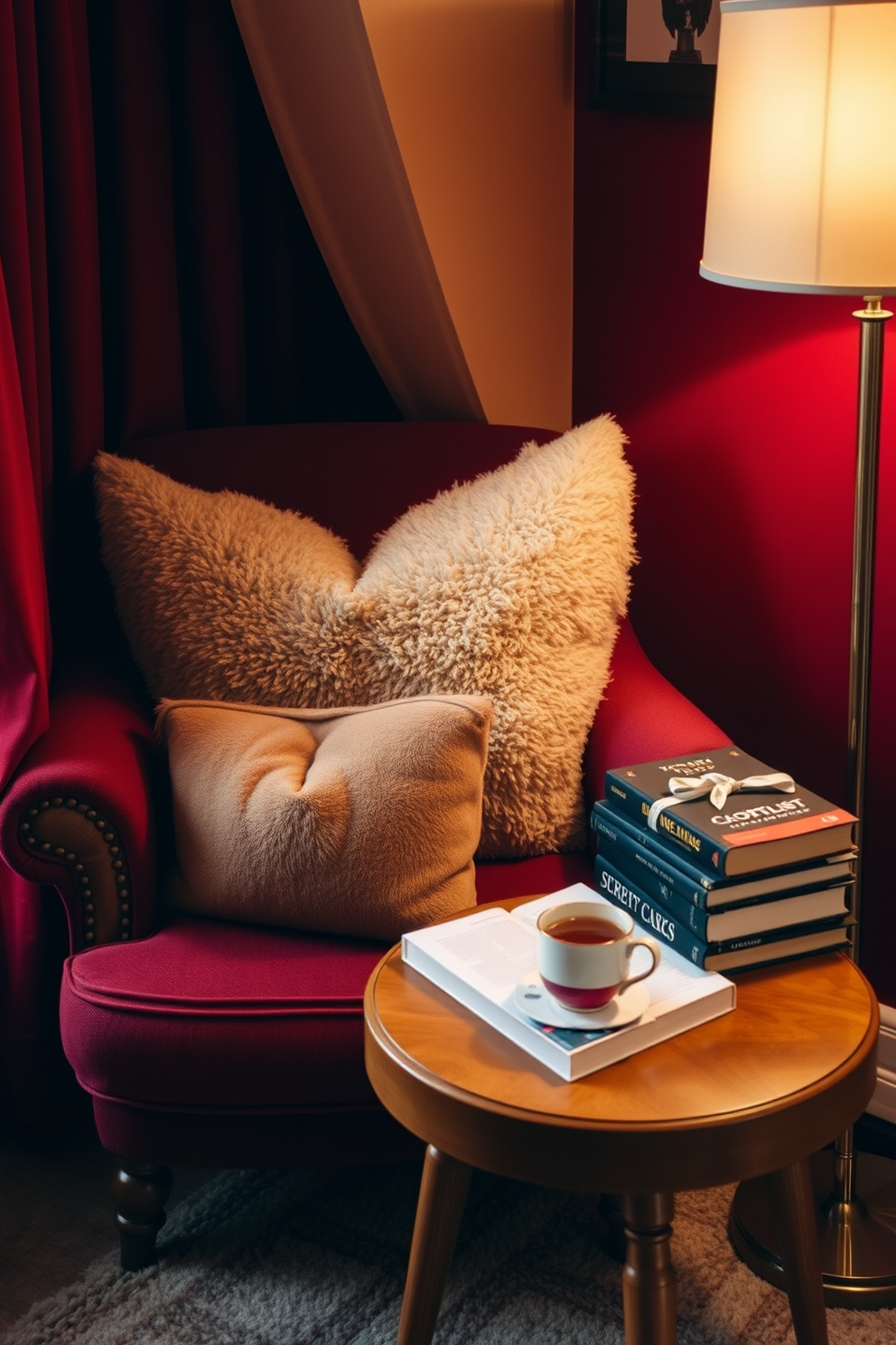 A warm color palette envelops the reading nook with rich shades of deep red and soft gold. Plush cushions in various textures are arranged on a comfortable armchair, inviting you to settle in with a good book. A small wooden side table holds a steaming cup of tea and a stack of novels. Soft, ambient lighting from a nearby floor lamp creates an inviting atmosphere perfect for winter evenings.