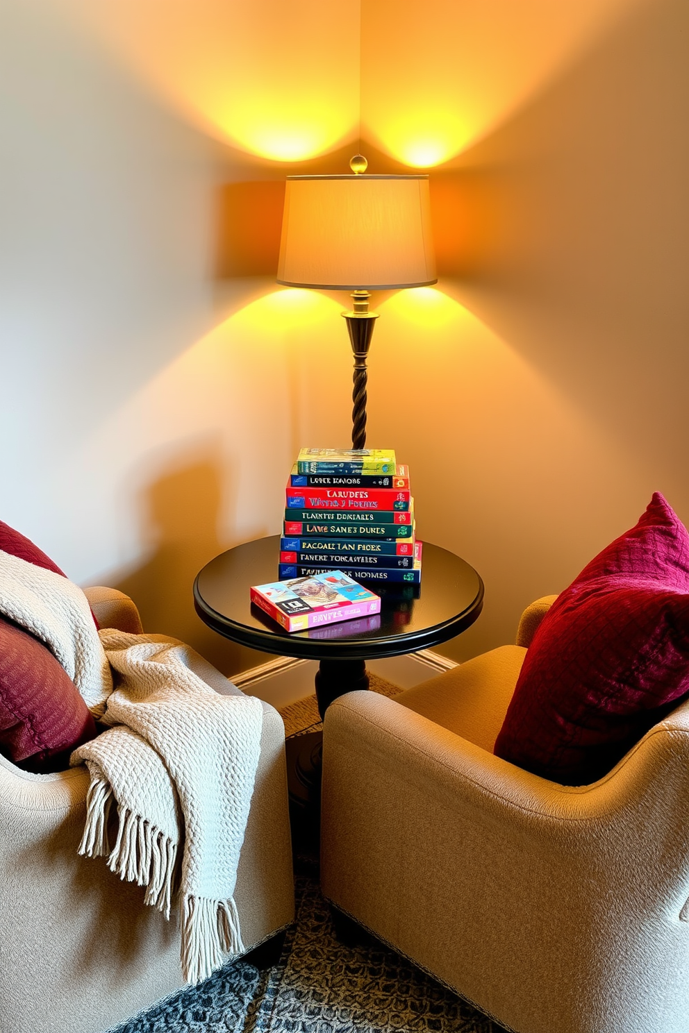 A warm and inviting winter reading nook adorned with plush cushions and a soft throw blanket. Large windows allow natural light to fill the space, showcasing a view of snow-covered trees outside. Artwork depicting cozy winter scenes hangs on the walls, featuring serene landscapes and warm, inviting colors. A small bookshelf filled with winter-themed novels sits beside a comfortable armchair, creating the perfect atmosphere for relaxation.