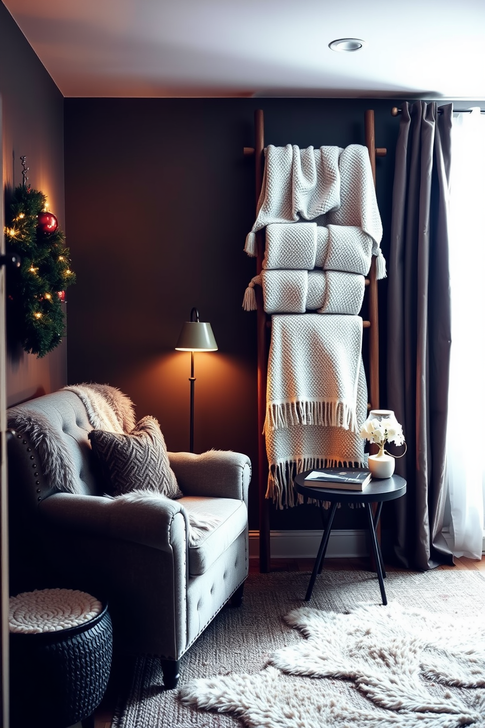 A cozy winter reading nook featuring a blanket ladder for easy access to soft throws. The nook is adorned with a plush armchair, a small side table, and warm ambient lighting to create a welcoming atmosphere.