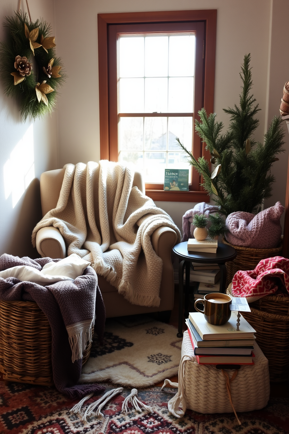 A cozy winter reading nook featuring a plush armchair draped with a soft blanket. Decorative baskets are placed nearby, filled with various cozy throws to enhance the warm ambiance. Natural light streams in through a nearby window, illuminating the space with a soft glow. A small side table holds a steaming cup of tea and a stack of favorite books, inviting relaxation and comfort.