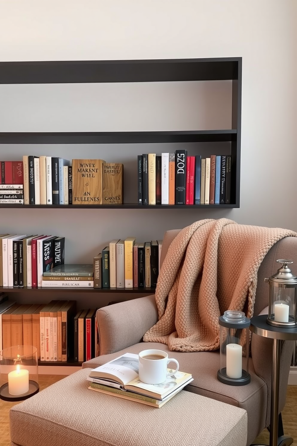 Personalized bookends crafted from reclaimed wood stand proudly on a sleek shelf filled with an array of books. A plush armchair, draped with a cozy blanket, invites you to settle in and enjoy your favorite winter reads. Soft, ambient lighting casts a warm glow over the space, creating an inviting atmosphere perfect for long reading sessions. A small side table holds a steaming mug of tea and a decorative lantern, adding to the charm of the winter reading nook.