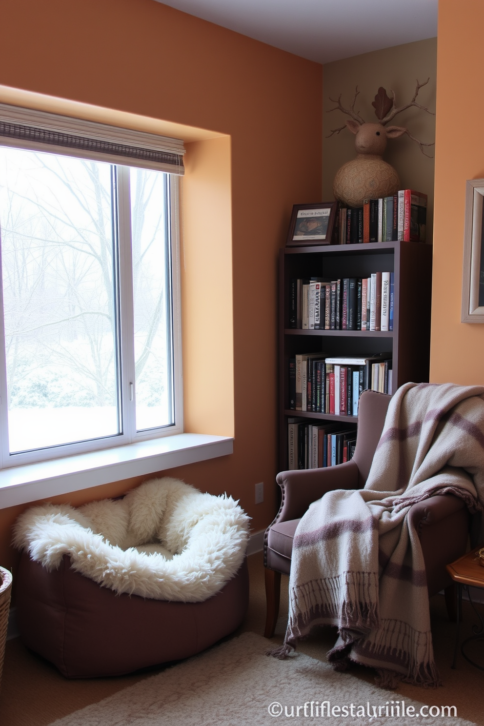 A cozy reading nook bathed in bright colors to contrast the winter tones outside. Plush cushions in vibrant shades of yellow and teal are scattered on a soft, oversized armchair positioned by a large window. A small side table holds a stack of colorful books and a steaming mug of tea. The walls are painted in a cheerful coral hue, and a warm throw blanket drapes over the armchair, inviting relaxation.