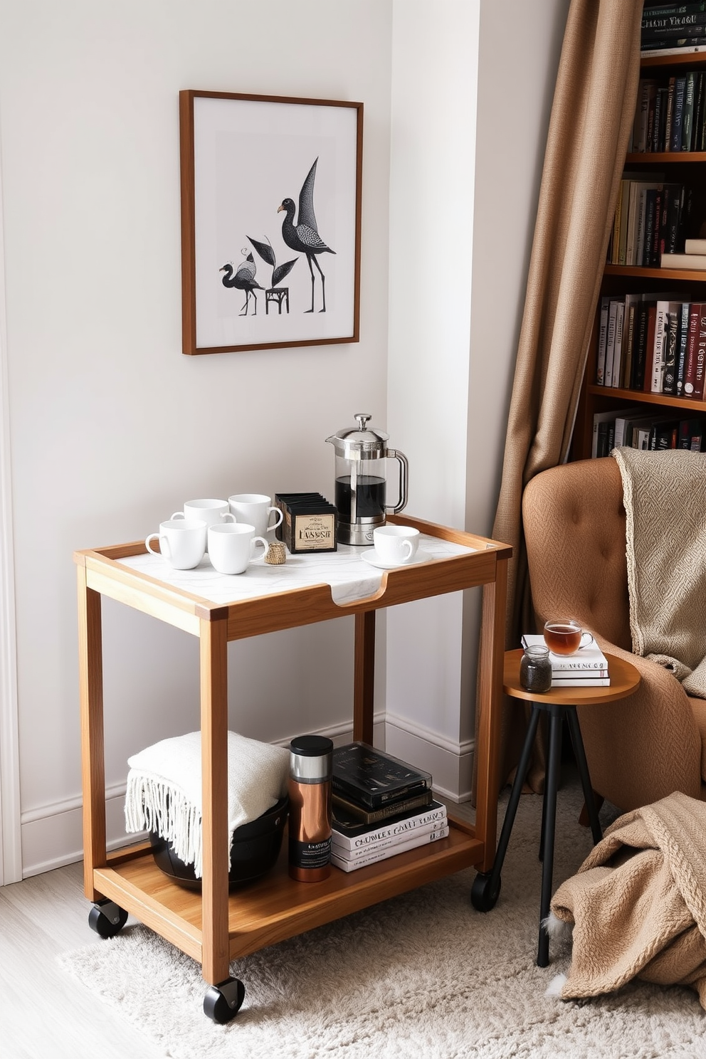 A stylish coffee cart in a cozy corner of the room. The cart features a sleek wooden frame with a marble top, adorned with an assortment of coffee mugs, a French press, and a selection of gourmet coffee beans. A winter reading nook that invites relaxation and comfort. The space includes a plush armchair draped with a soft throw blanket, a small side table with a steaming cup of tea, and a nearby bookshelf filled with seasonal reads.