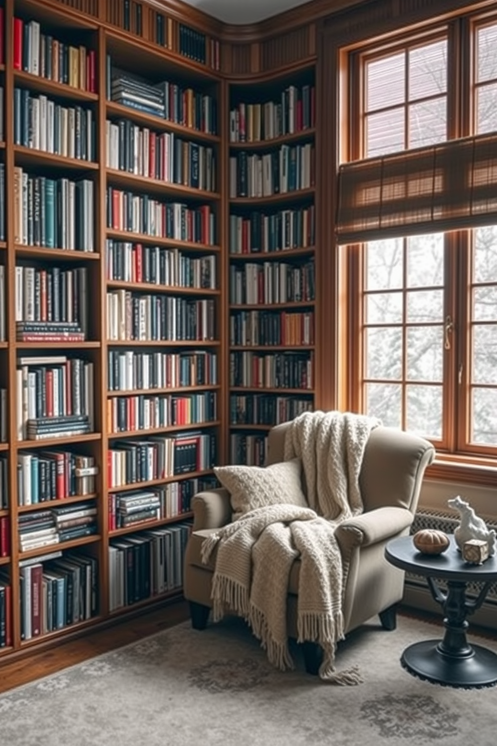 Create a cozy winter reading nook with soft ambient lighting. Include a plush armchair draped with a warm throw blanket and a small side table stacked with books. Add fairy lights strung around the window to create a magical atmosphere. Incorporate a soft area rug underfoot and a large potted plant in the corner for a touch of nature.