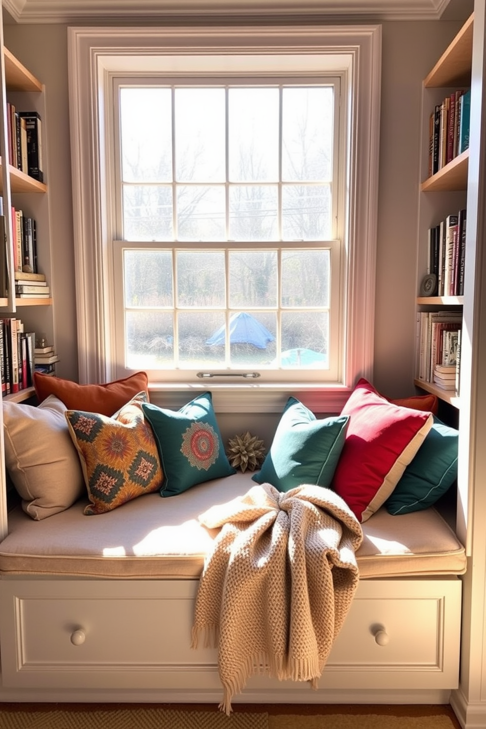 A cozy window seat adorned with plush cushions and an array of colorful pillows invites relaxation. Sunlight streams through the large window, illuminating the space and creating a warm ambiance perfect for winter reading. Surround the window seat with bookshelves filled with your favorite novels and decorative items. Add a soft throw blanket draped casually over the cushions for extra warmth and comfort during chilly days.