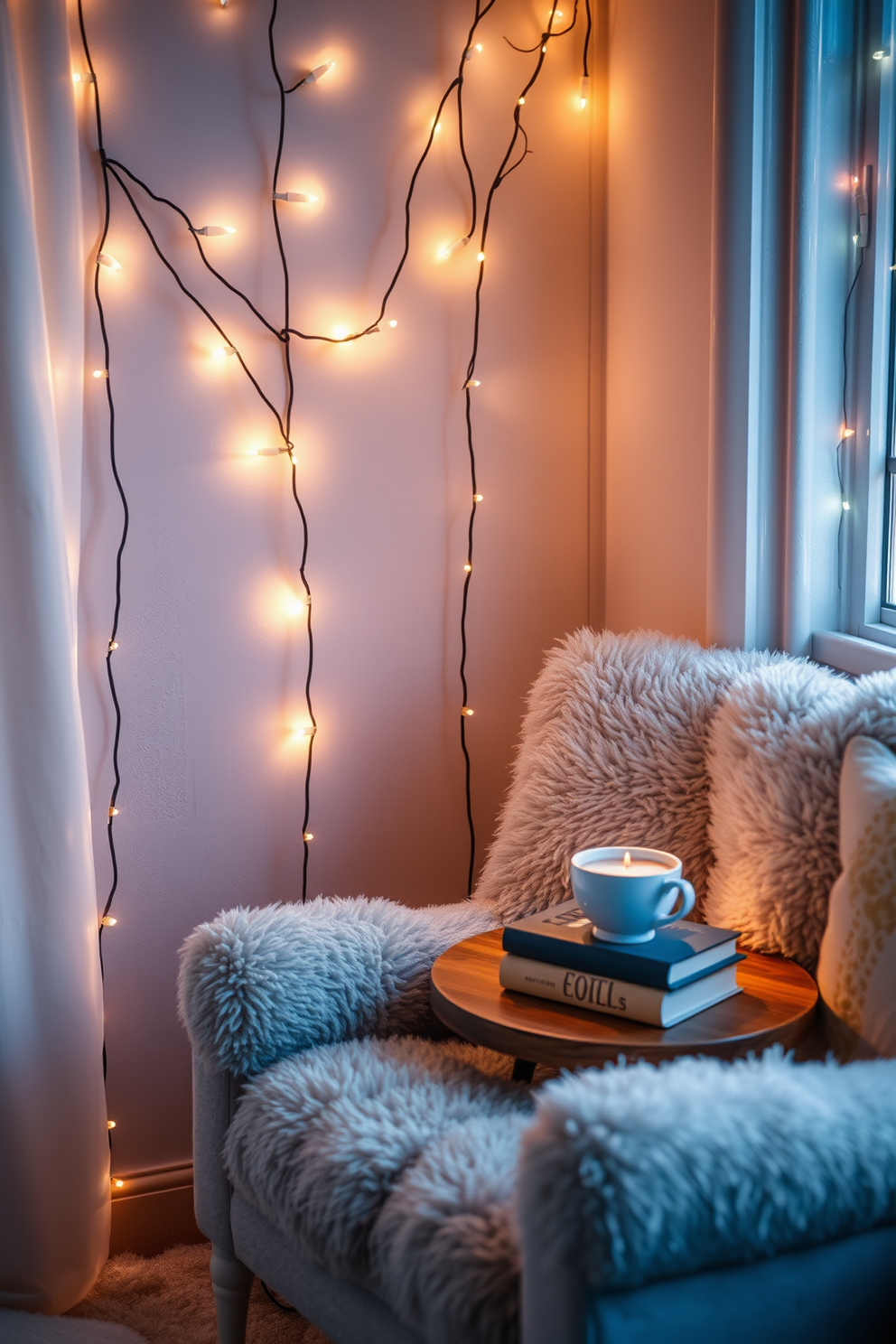 Create a cozy winter reading nook adorned with soft fairy lights that provide warm ambient lighting. A plush armchair is positioned next to a small wooden side table, topped with a steaming cup of cocoa and a stack of books.