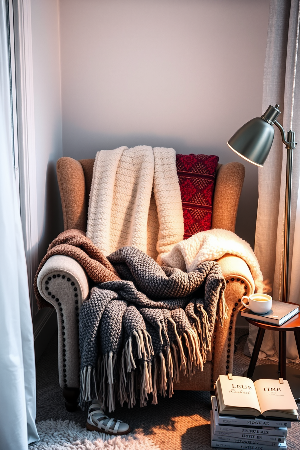 A cozy winter reading nook featuring a plush armchair draped with layered blankets in various wintery textures. Soft, ambient lighting from a nearby floor lamp creates a warm atmosphere, while a small side table holds a steaming mug of tea and a stack of books.