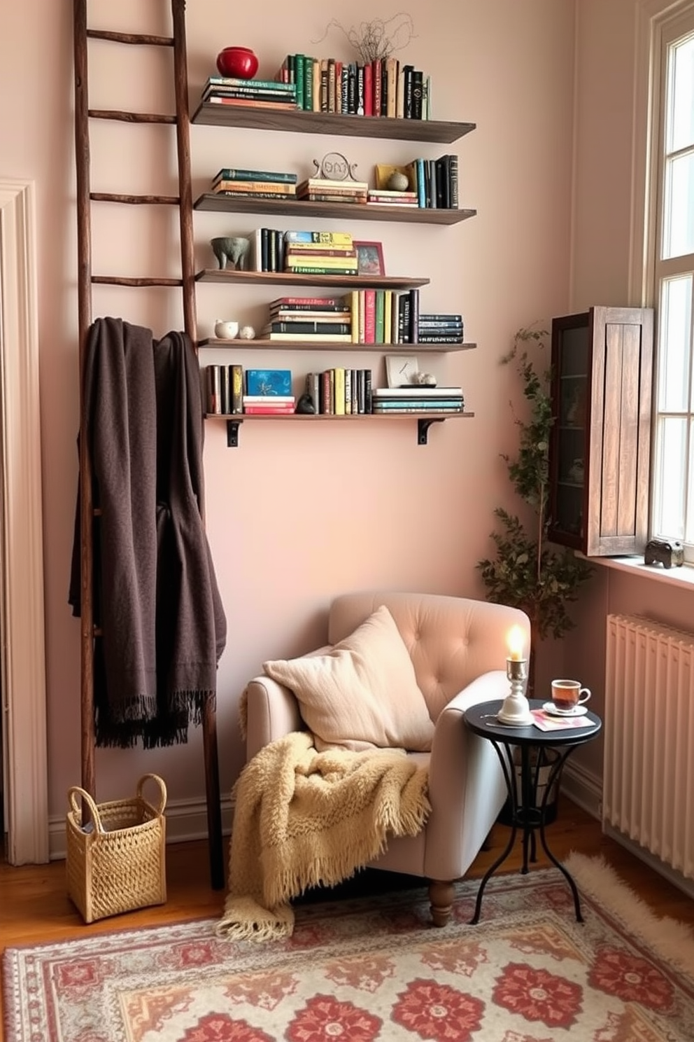 A vintage wooden ladder leans against a soft pastel wall, adorned with an array of colorful books and decorative items. Below the ladder, a cozy armchair with plush cushions invites you to curl up with a good read, while a warm throw blanket drapes over the side. Natural light filters through a nearby window, illuminating a small side table that holds a steaming cup of tea and a flickering candle. A patterned area rug adds texture to the space, creating a perfect winter reading nook that exudes charm and comfort.