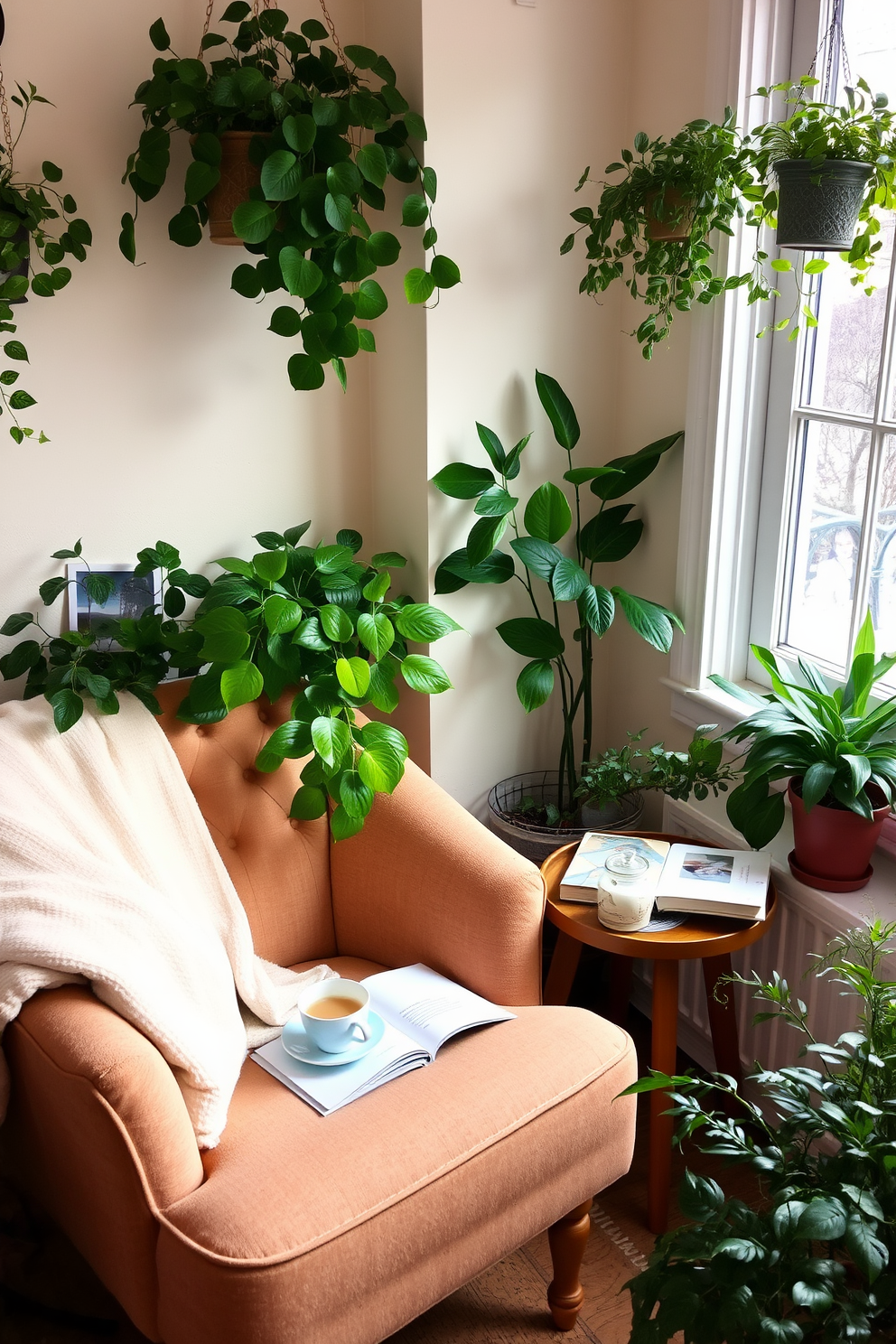 A cozy winter reading nook adorned with potted plants for a touch of greenery. A plush armchair sits in the corner, draped with a soft blanket, while a small side table holds a steaming cup of tea and a stack of books. The walls are painted in a soft cream color, enhancing the warm atmosphere. Natural light filters through a nearby window, illuminating the vibrant green leaves of the potted plants placed around the nook.