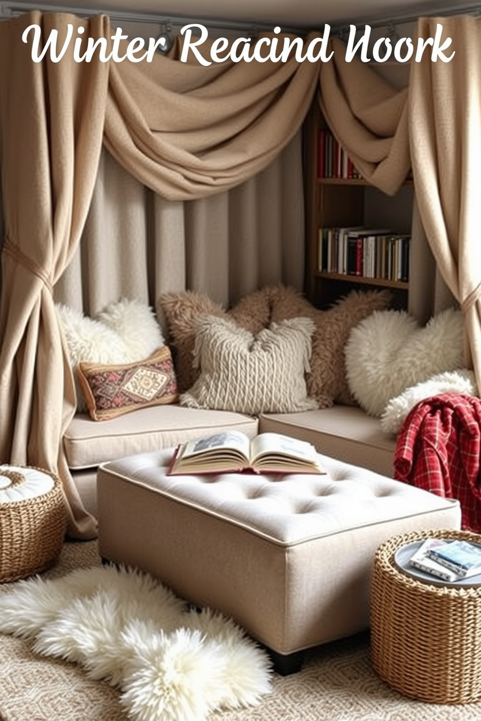 A cozy winter reading nook featuring an oversized ottoman that provides ample seating space. The nook is adorned with soft blankets and plush pillows, creating an inviting atmosphere for relaxation and enjoyment of books.