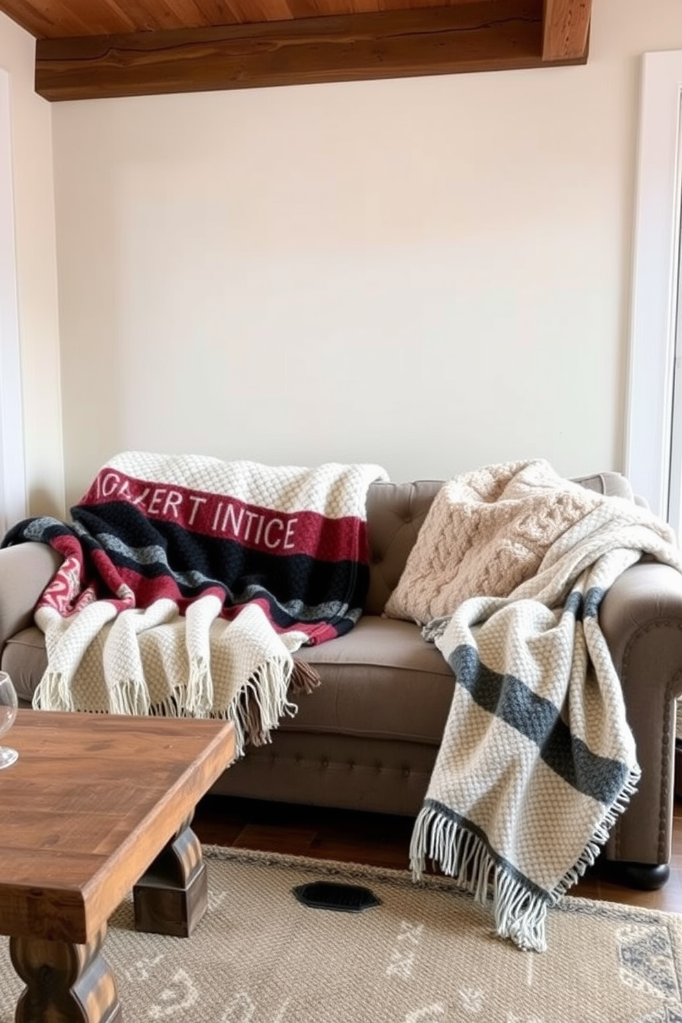 Cozy layered blankets are draped over a plush sofa, inviting warmth and comfort. The small living room features soft lighting and a rustic coffee table, creating a welcoming atmosphere for winter gatherings.