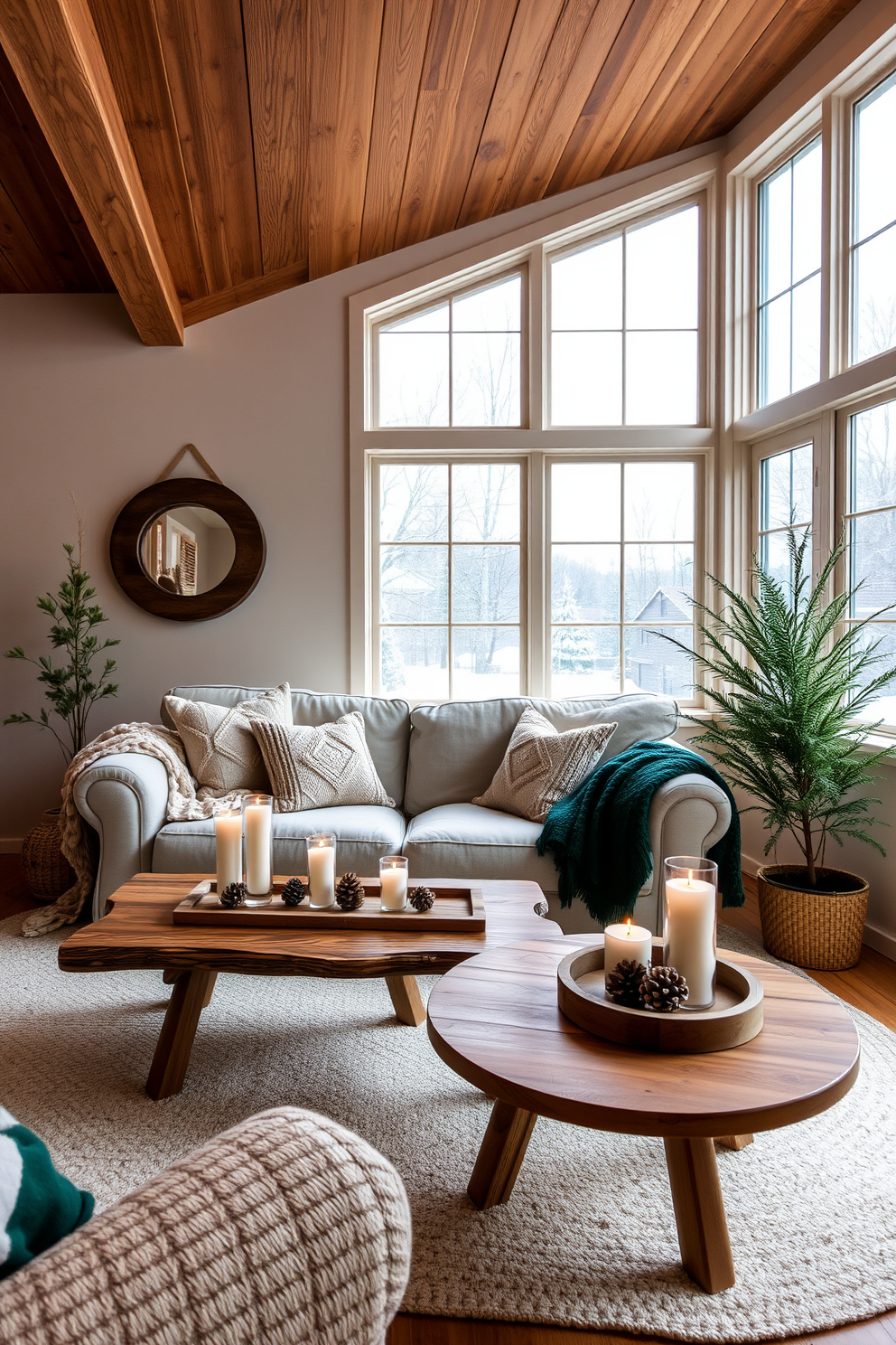 A cozy winter small living room features a warm color palette with soft beige and deep green accents. A plush sofa is adorned with knitted throw blankets and pillows, while a wooden coffee table is decorated with pinecones and candles for a seasonal touch. Large windows allow natural light to flood the space, highlighting the rustic wooden beams on the ceiling. A small indoor plant sits in the corner, adding a fresh element to the inviting atmosphere.