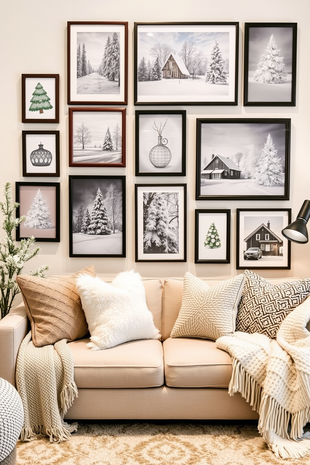 Create a cozy winter-themed gallery wall featuring a mix of framed art pieces that showcase snowy landscapes and festive decorations. Incorporate a variety of frame styles and colors to add visual interest and warmth to the space. Design a small living room that embraces winter aesthetics with soft textures and a neutral color palette. Use plush throw blankets, decorative pillows, and a warm area rug to create an inviting atmosphere perfect for relaxation during the chilly season.