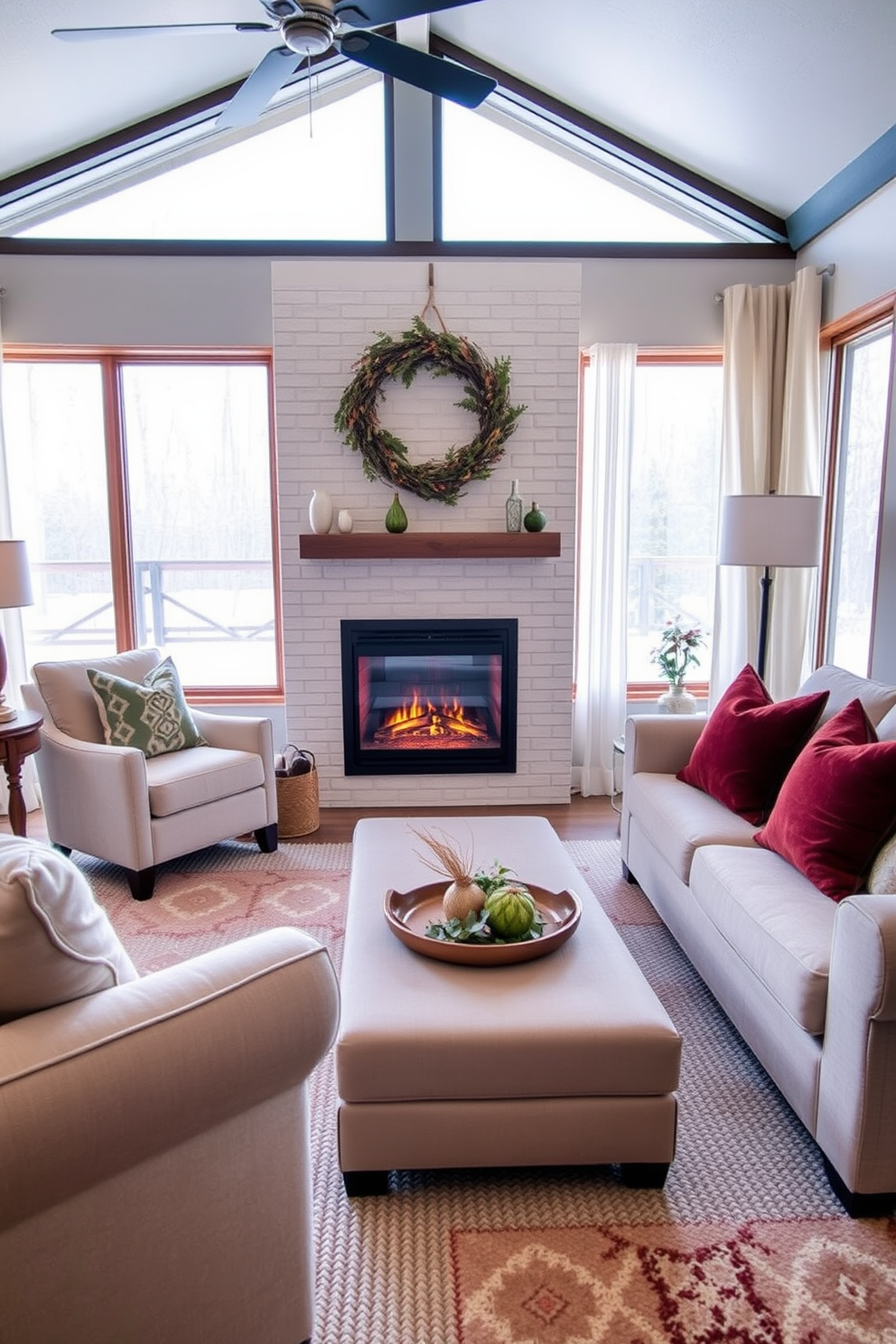 A cozy winter-themed small living room decorated with festive objects. There are plush throw blankets draped over a soft sofa and a collection of decorative pillows in winter colors arranged neatly. On a rustic coffee table, there are pinecones, candles, and a small evergreen tree centerpiece. The walls are adorned with winter-themed artwork, and a warm glow emanates from a stylish floor lamp in the corner.