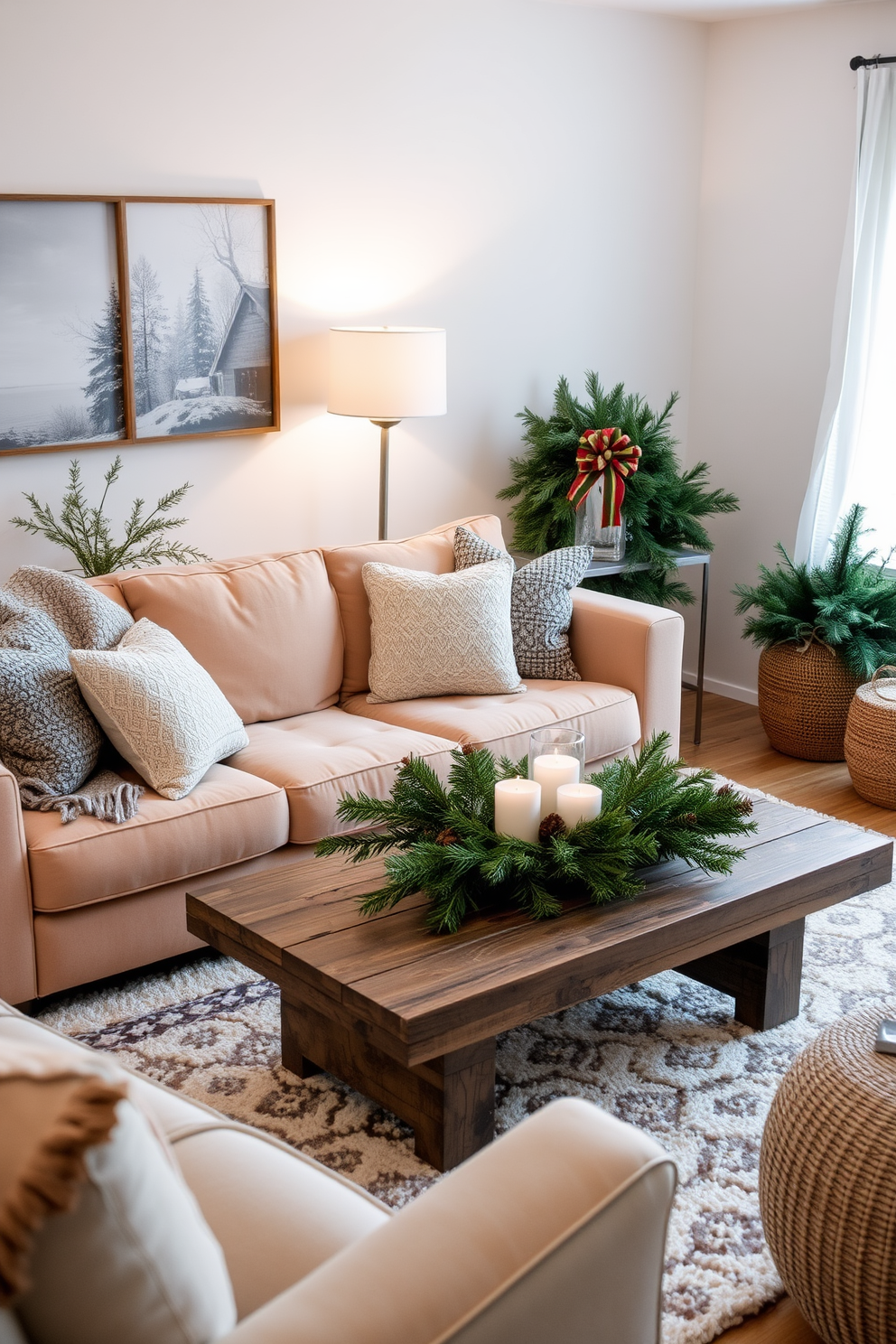 A cozy winter living room adorned with seasonal greenery like evergreens. The room features a plush sofa in a warm neutral tone, complemented by a textured knit throw and festive cushions. A rustic coffee table sits at the center, decorated with a centerpiece of pine branches and candles. Soft lighting from a stylish floor lamp creates an inviting atmosphere, enhancing the charm of the winter decor.