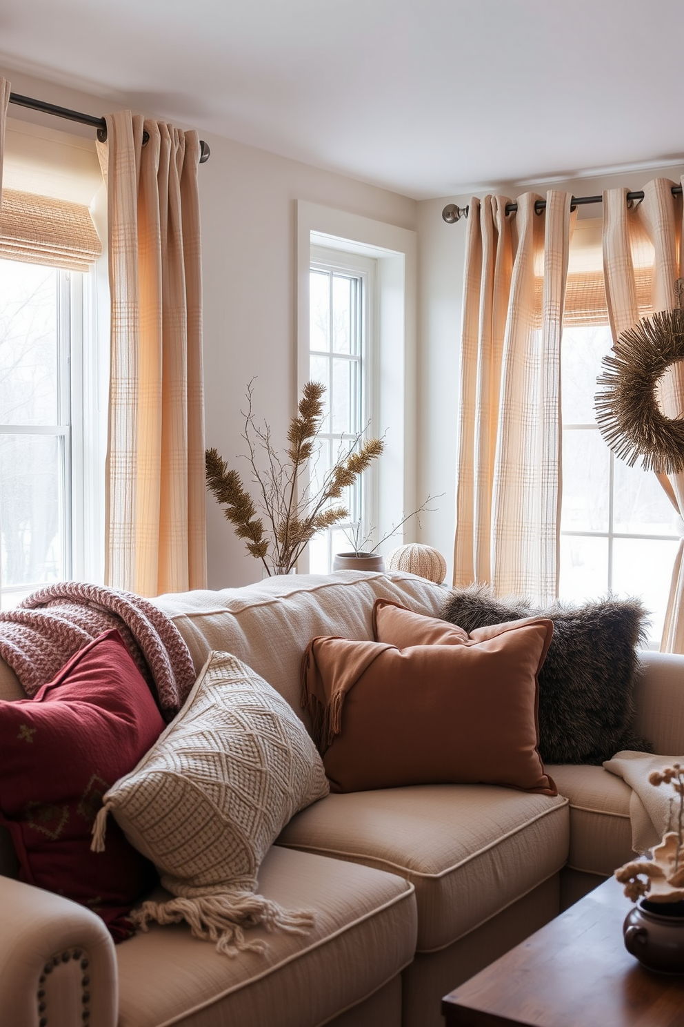 A cozy winter living room decorated with soft textured curtains that gently frame the windows. The space features a plush sofa adorned with warm blankets and a mix of decorative pillows in rich, inviting colors.