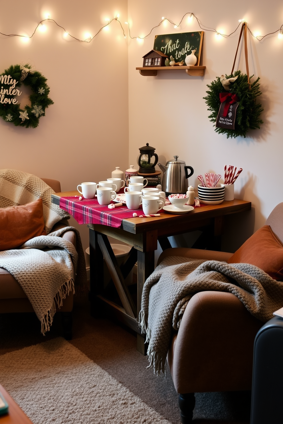 A cozy winter living room setting features a plush, neutral-colored sofa adorned with soft throw pillows in various textures. In front of the sofa, a small coffee table is styled with a centerpiece of pinecones, candles, and a small evergreen arrangement, bringing a touch of nature indoors. The walls are painted in a warm, inviting hue, and a soft area rug anchors the space, adding warmth underfoot. A few framed winter-themed artworks hang above the sofa, completing the serene and inviting atmosphere of the room.