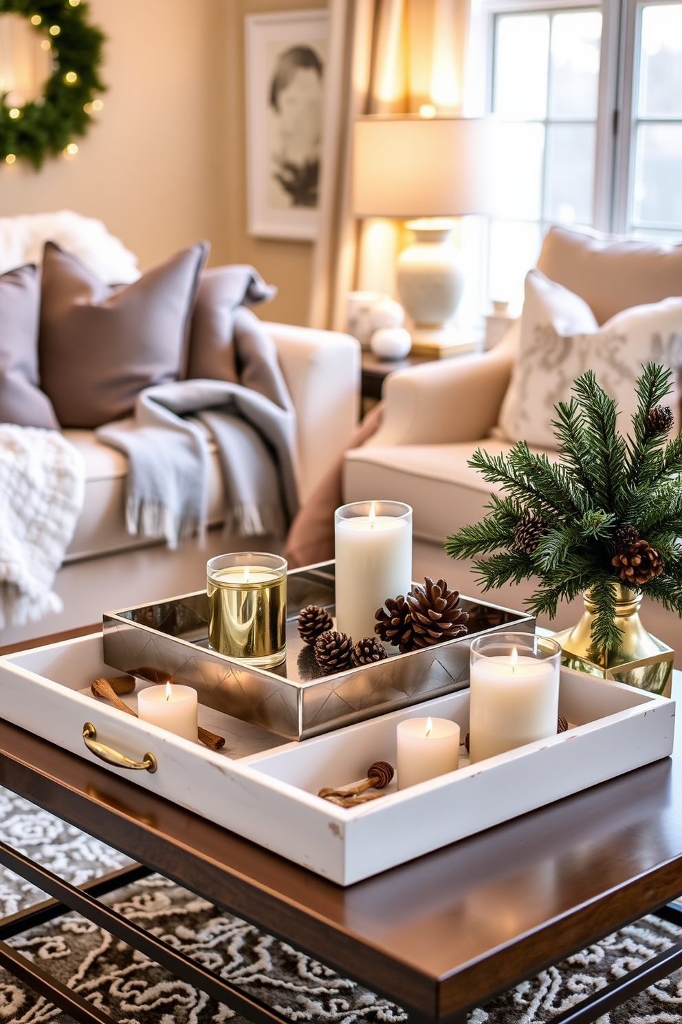 A cozy winter living room adorned with decorative trays for stylish organization. The space features a plush sofa draped with a soft throw blanket, complemented by a coffee table showcasing a collection of elegant trays filled with candles and seasonal decor. Warm ambient lighting casts a soft glow, enhancing the inviting atmosphere. A festive arrangement of pinecones and evergreen branches rests on the side table, tying in the winter theme beautifully.