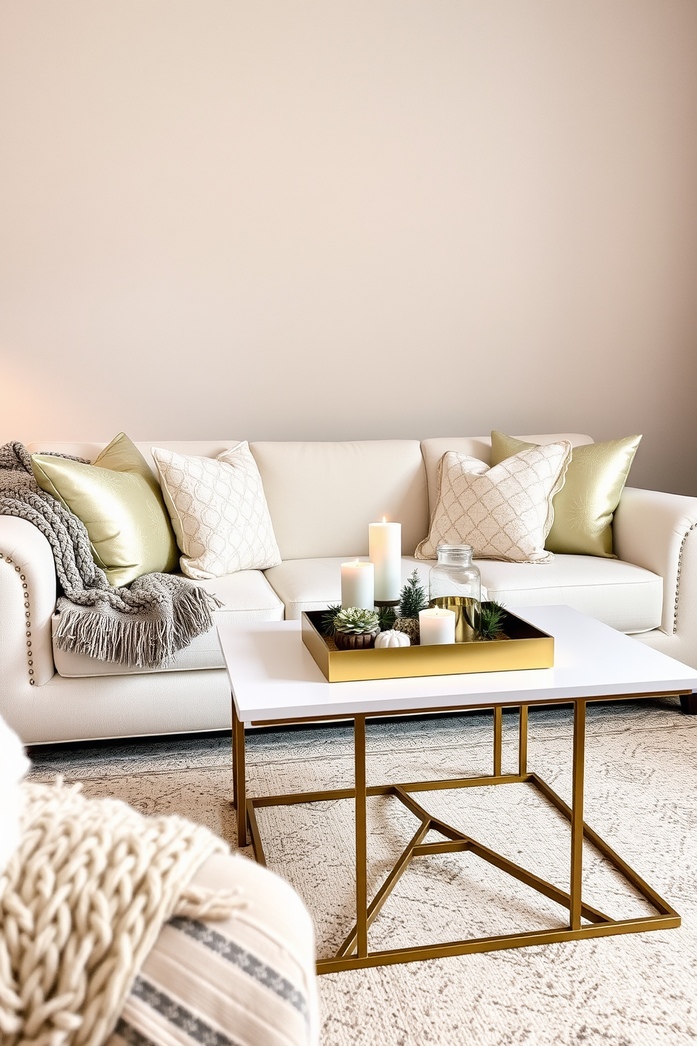 A cozy winter living room features a vintage leather armchair paired with a distressed wooden coffee table. A soft, chunky knit throw is draped over the armchair, and a classic rug with intricate patterns lies beneath. On the walls, a gallery of framed black-and-white photographs adds character and warmth. A brass floor lamp stands beside the chair, casting a warm glow over the space, while a decorative antique clock sits on the mantelpiece.