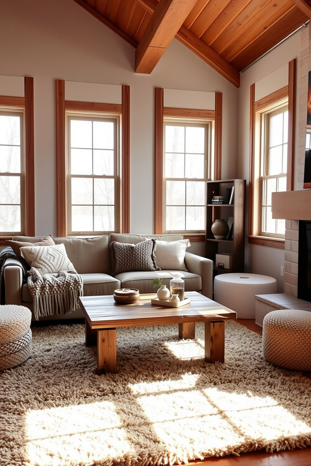 A cozy winter small living room features natural wood accents that bring warmth and rustic charm to the space. The room is adorned with a plush, oversized sofa draped in a soft knit blanket, complemented by a reclaimed wood coffee table at the center. A stone fireplace serves as the focal point, surrounded by carefully arranged logs and a few decorative candles. Soft, ambient lighting from a vintage floor lamp creates an inviting atmosphere perfect for winter evenings.