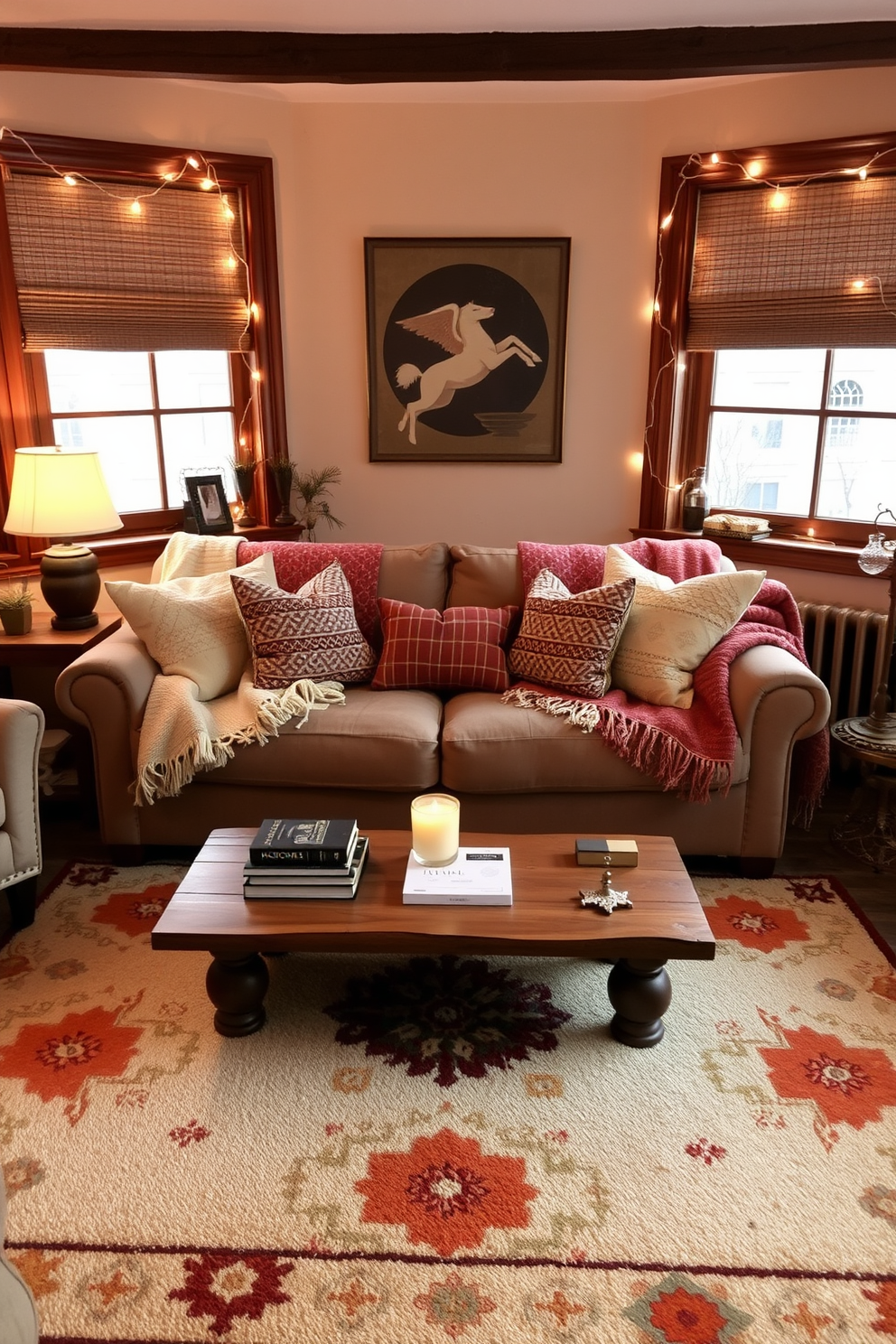 A cozy winter small living room features a plush sofa adorned with soft throw blankets in warm tones. A wooden coffee table sits in front of the sofa, topped with a stack of books and a scented candle, creating an inviting atmosphere. The walls are painted in a soft beige, complemented by rich, dark wood accents throughout the space. A decorative rug with warm colors anchors the seating area, while twinkling fairy lights are draped across the windows for a touch of warmth.