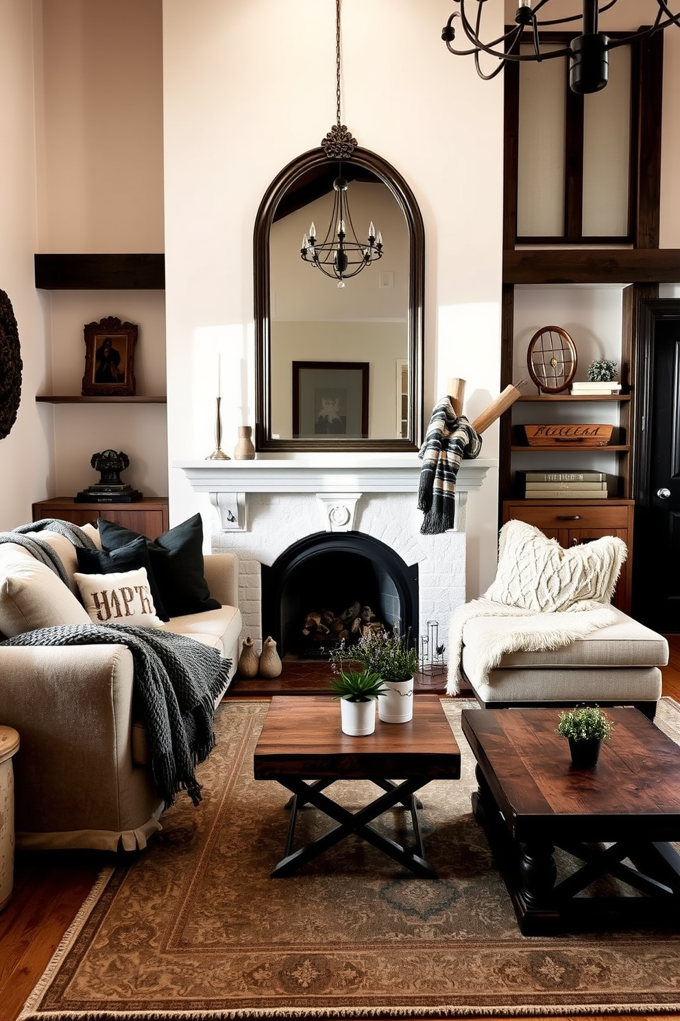 A cozy winter small living room featuring a plush sectional sofa adorned with soft throw blankets and decorative pillows. A large mirror is positioned above the fireplace to reflect light, enhancing the warmth of the space. The walls are painted in a soft cream color, complemented by dark wood accents and a rustic coffee table. A small, elegant area rug adds texture, while a few potted plants bring a touch of nature indoors.