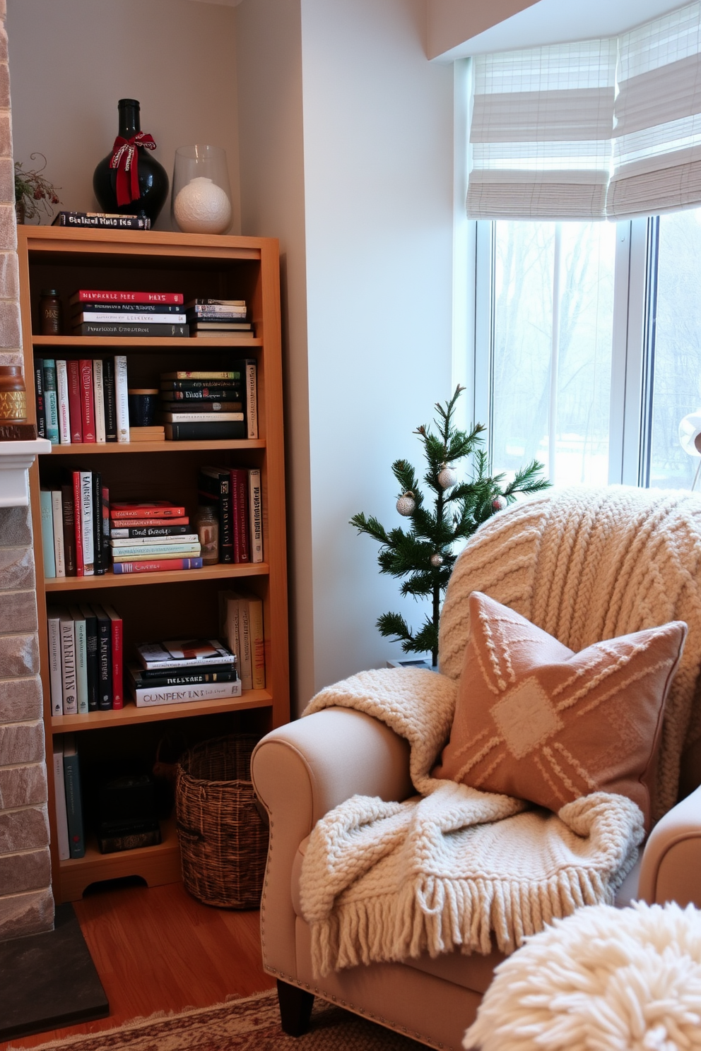 A cozy winter living room featuring a small bookshelf filled with an assortment of books and decorative items. The space is adorned with soft textures, including a plush throw blanket draped over a comfortable armchair and a warm, inviting color palette.