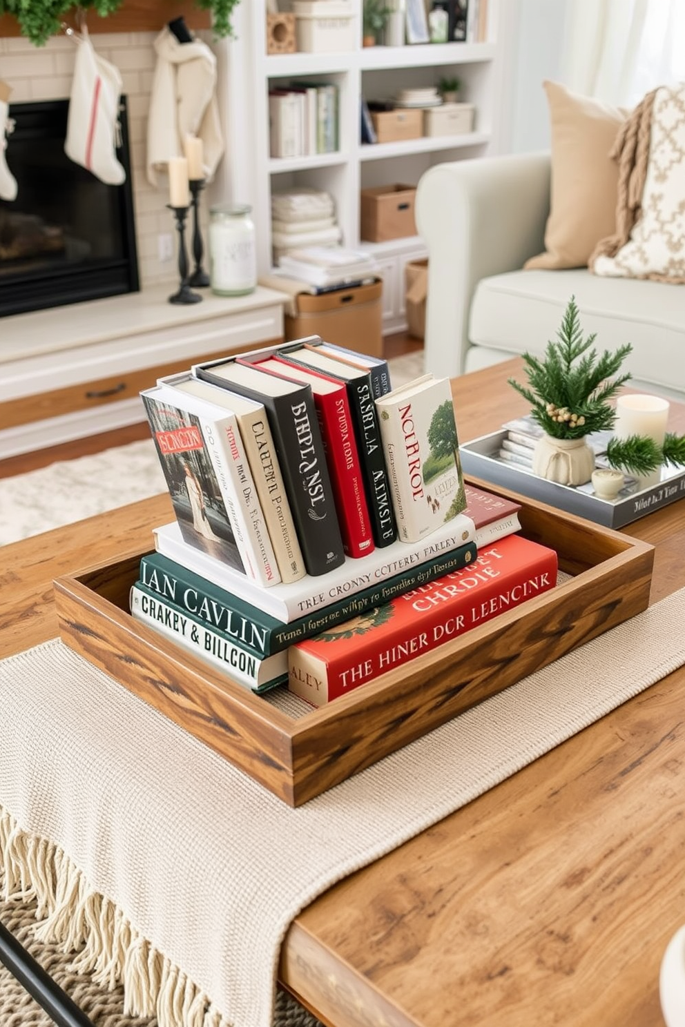 Display a curated selection of seasonal books on a stylish coffee table in a cozy winter-themed living room. The coffee table is adorned with a soft, textured runner and complemented by a few decorative items like candles and a small evergreen arrangement.