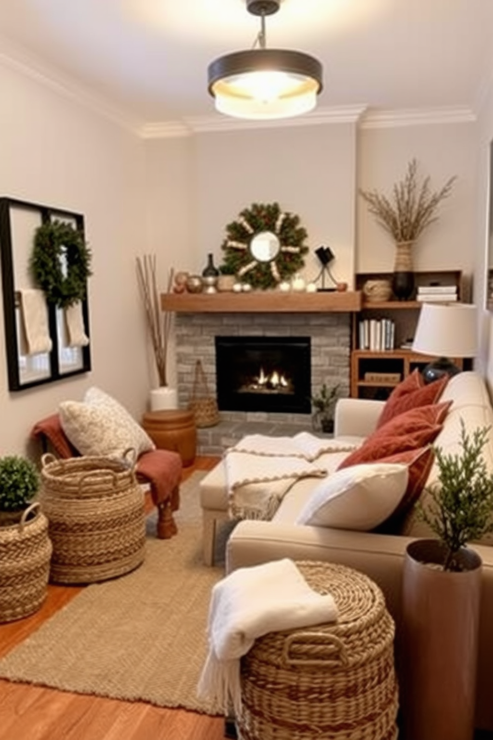 A cozy winter-themed living room featuring a plush cream sofa adorned with soft throw blankets and decorative pillows in shades of deep blue and silver. A wooden coffee table is topped with decorative trays holding candles, a small evergreen arrangement, and a stack of seasonal books, creating an inviting atmosphere. The walls are painted a warm taupe, complementing the rich wood accents of the furniture. A soft area rug in a subtle geometric pattern anchors the space, while twinkling fairy lights drape across the window for a touch of warmth and charm.