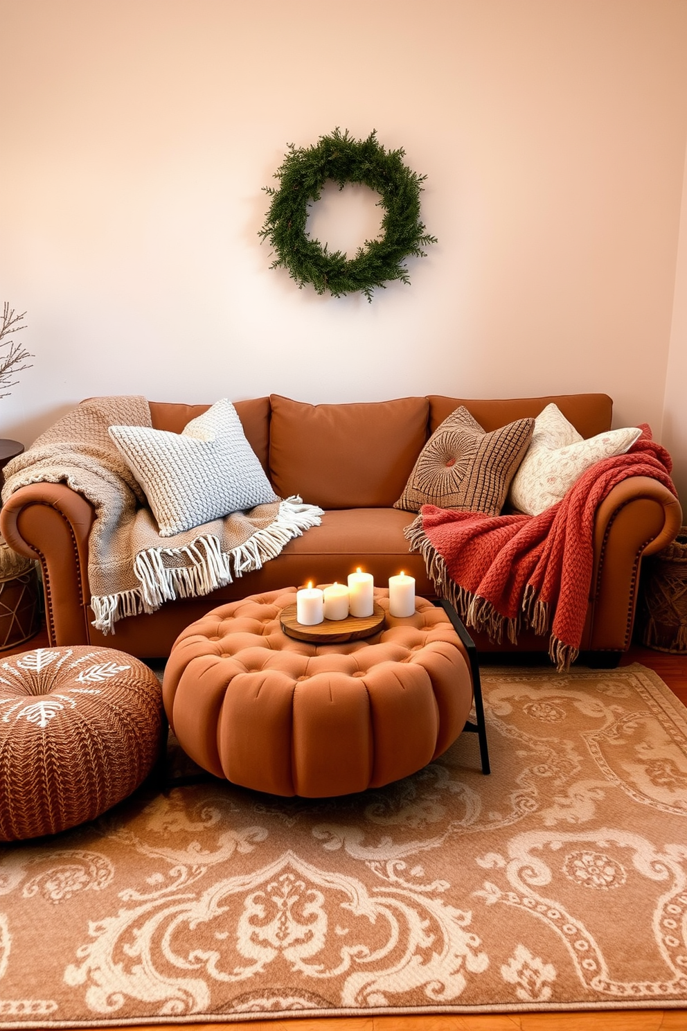 A cozy winter small living room features a plush sofa adorned with soft throw blankets and decorative pillows in warm tones. A stylish coffee table sits in front, complemented by a cozy pouf for extra seating, creating an inviting atmosphere for relaxation. The walls are painted in a soft cream color, enhancing the warmth of the space. A beautiful area rug with a subtle pattern anchors the seating arrangement, while a few candles on the table add a touch of ambiance.