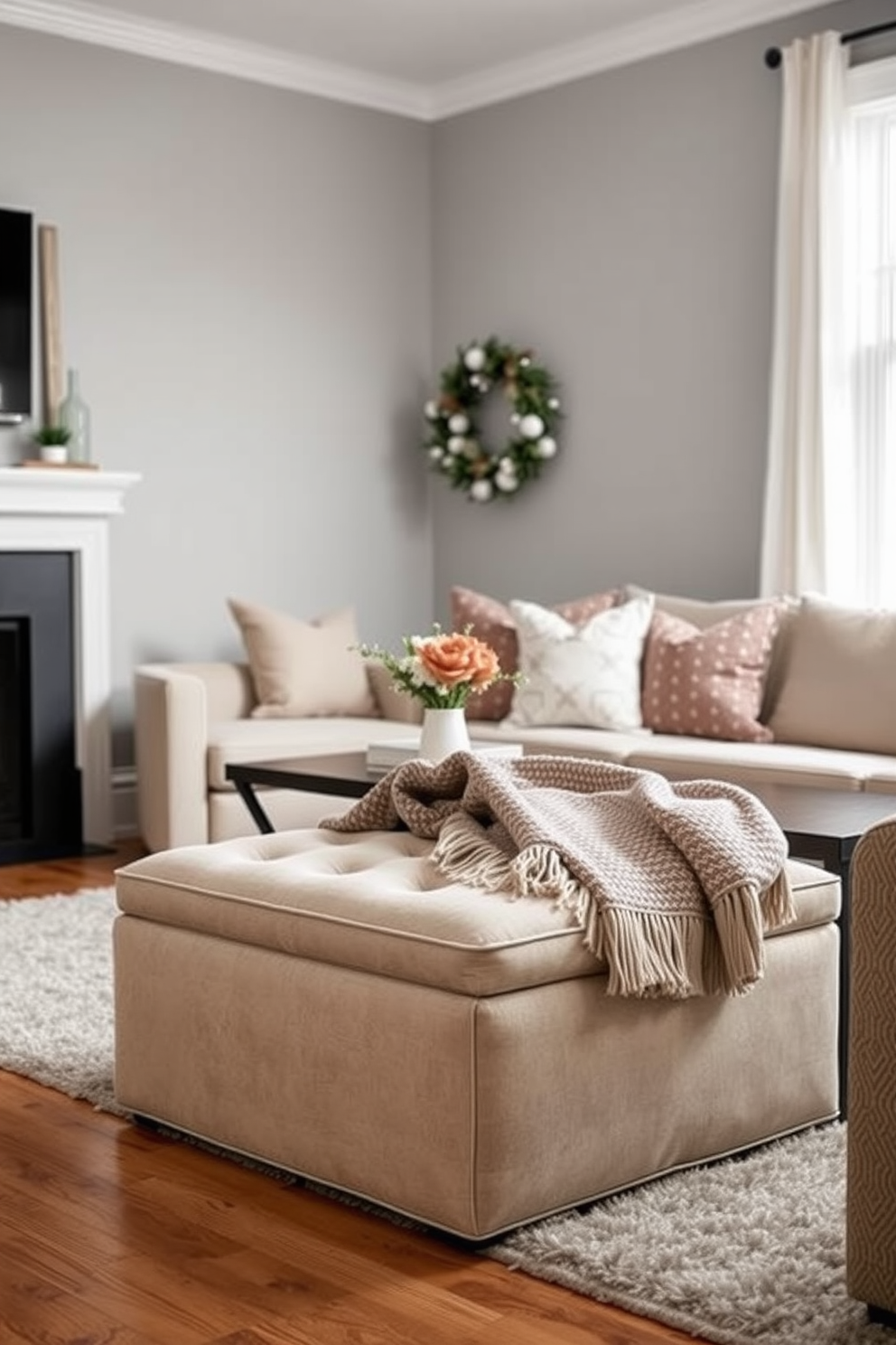 A cozy winter living room featuring a soft ottoman in a warm fabric placed in front of a stylish coffee table. The walls are adorned with a soft gray hue, and a plush area rug adds texture to the wooden floor while a festive throw blanket drapes over the ottoman.