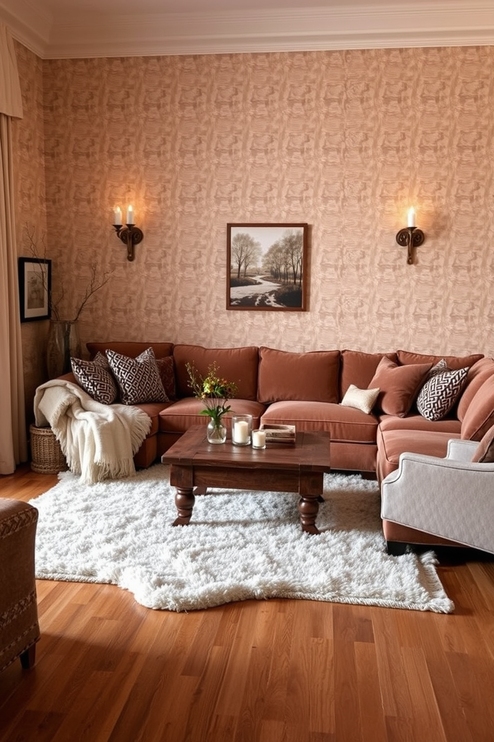 A cozy winter-themed living room with a warm color palette. The walls are adorned with soft, textured wallpaper and feature elegant wall sconces that provide ambient lighting. A plush sectional sofa is covered in a rich, deep fabric, complemented by an assortment of patterned throw pillows. A rustic coffee table sits in the center, surrounded by a soft area rug that adds warmth to the space.