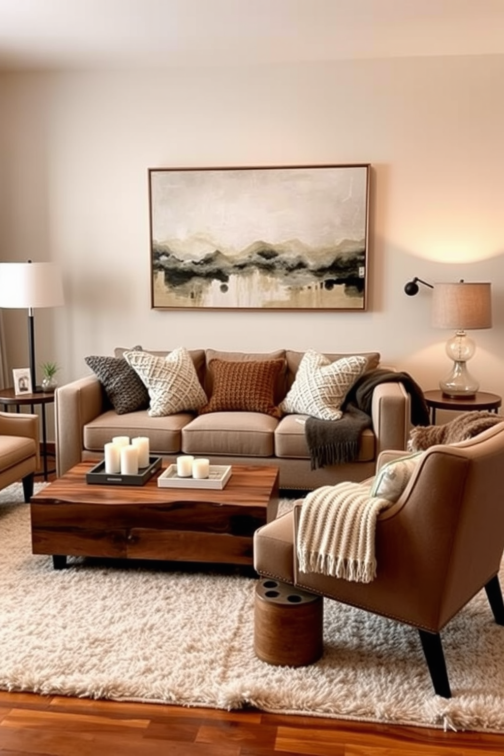 A cozy winter living room setting featuring a plush gray sofa adorned with soft throw pillows in muted tones. A small indoor plant sits on a stylish side table next to the sofa, adding a touch of greenery to the space. The walls are painted in a warm beige hue, creating an inviting atmosphere. A textured area rug in neutral colors anchors the seating area, while a modern coffee table displays a few curated books and a decorative candle.