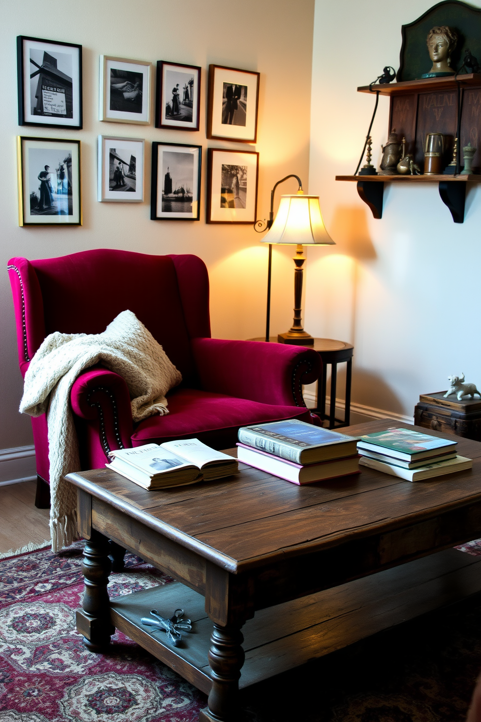 A cozy winter living room featuring a foldable table that serves as both a dining and workspace. The room is adorned with warm textiles, including a chunky knit throw and plush cushions, creating an inviting atmosphere. Soft lighting from a stylish floor lamp complements the natural light streaming through large windows. The walls are painted in a soft gray tone, while a small indoor plant adds a touch of greenery to the space.